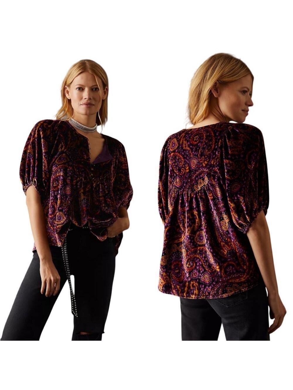 Anthropologie Velvet Puff Sleeve Peasant Blouse Size Medium